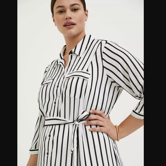 Torrid Black White Stripe Georgette Midi Shirt Dress 2 2X 18 20 NWT - Picture 2 of 6